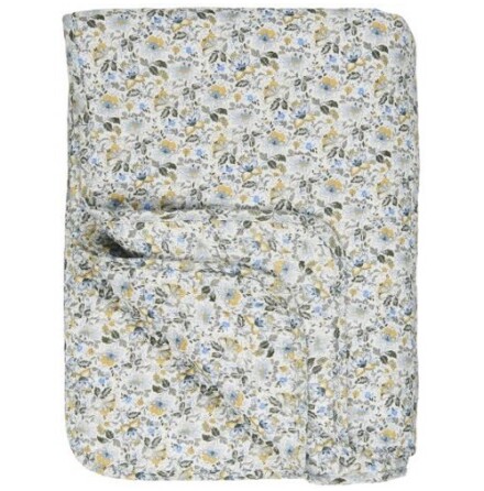 Quiltad pld med bl, gula och naturfrgade blommor.