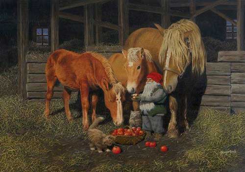 Julkort hästar i stall