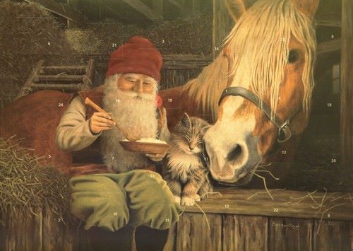 Julkort tomte gröt häst